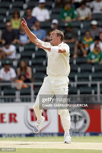 Australian bowler Peter Siddle celebrates after taking the wicket of South African batsman Neil Mckenzie on February 28, 2009 during the third day of...