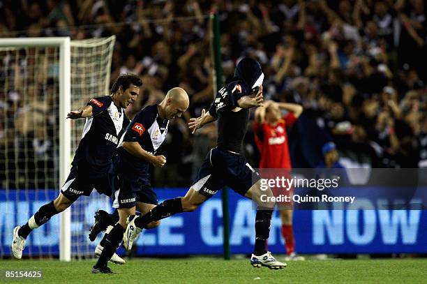 Tomislav Pondeljak of the Victory celebrates his goal during the A-League Grand Final match between the Melbourne Victory and Adelaide United at the...