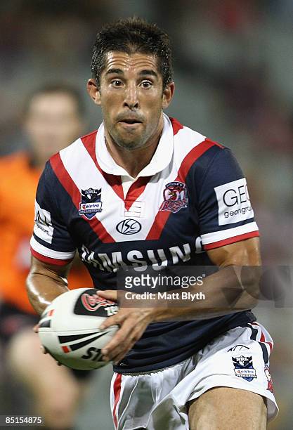 Braith Anasta of the Roosters runs the ball during the NRL Trial match between the Parramatta Eels and the Sydney Roosters at Campbelltown Sports...