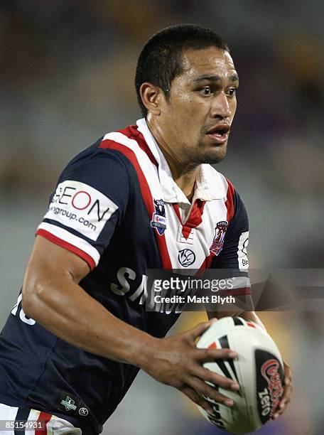 Setaimata Sa of the Roosters runs the ball during the NRL Trial match between the Parramatta Eels and the Sydney Roosters at Campbelltown Sports...