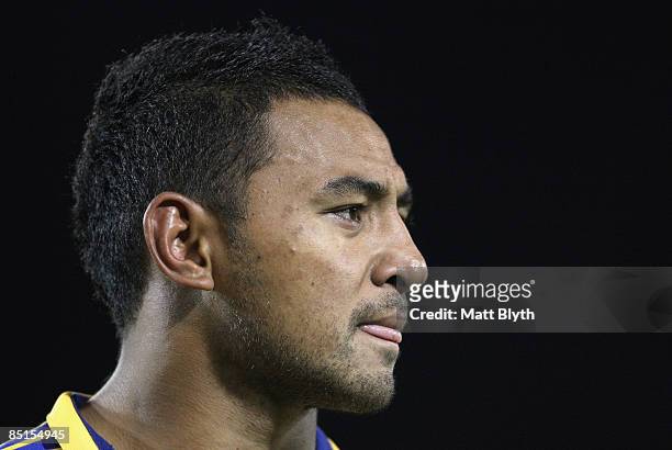 Krisnan Inu of the Eels looks on during the NRL Trial match between the Parramatta Eels and the Sydney Roosters at Campbelltown Sports Stadium on...