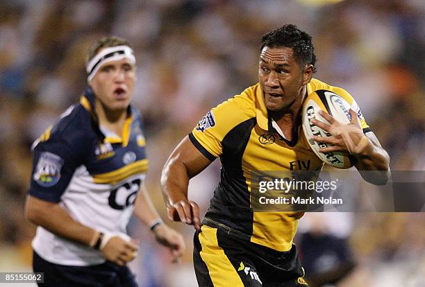 Junior Pelesasa of the Force runs the ball during the round three Super 14 match between the Brumbies and the Western Force at Canberra Stadium on...