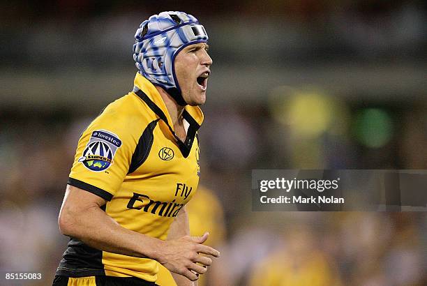 Matt Giteau of the Force shouts during the round three Super 14 match between the Brumbies and the Western Force at Canberra Stadium on February 28,...