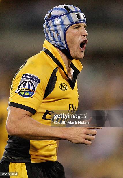 Matt Giteau of the Force shouts instructions during the round three Super 14 match between the Brumbies and the Western Force at Canberra Stadium on...