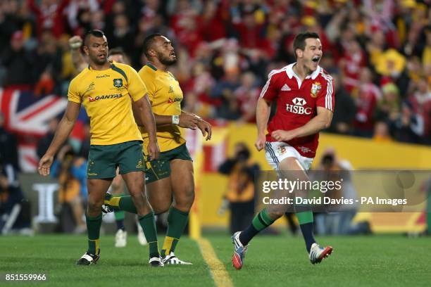 British and Irish Lions' Jonathan Sexton celebrates scoring their second try of the game