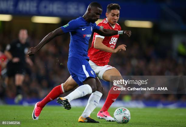 Antonio Rudiger of Chelsea and Tyler Walker of Nottingham Forest during the Carabao Cup Third Round match between Chelsea and Nottingham Forest at...