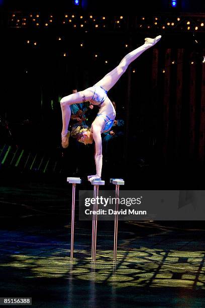 Members of Cirque du Soleil perform Quidam at the Liverpool Echo Arena on February 26, 2009 in Liverpool, England.