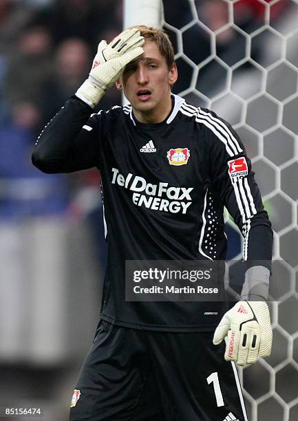 Rene Adler, goalkeeper of Leverkusen reacts during the Bundesliga match between Hannover 96 and Bayer Leverkusen at the AWD Arena on February 28,...