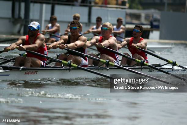 Members Agecroft Rowing club & Cardiff University compete against Aalesunds & Moss Roklubbs during day four of the Royal Henley Regatta, Henley on...