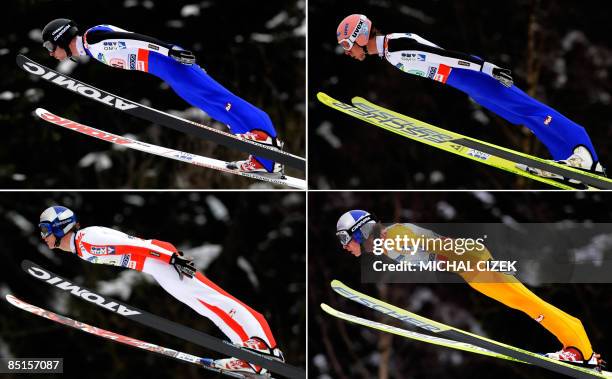 Combo shows members of Austria's Ski jump team Wolfgang Loitzl, Martin Koch, Thomas Morgenstern and Gregor Schlierenzauer during the Large Hill Team...
