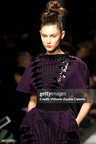 Model walks the runway in the Iceberg show during Milan Fashion Week Womenswear Autumn/Winter 2009 on February 28, 2009 in Milan, Italy.