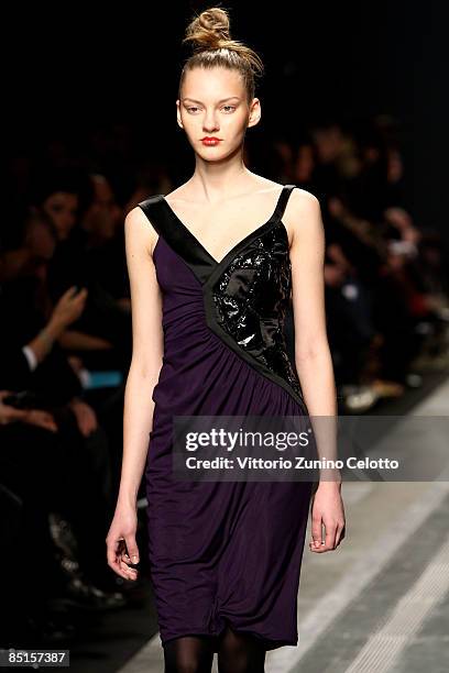 Model walks the runway in the Iceberg show during Milan Fashion Week Womenswear Autumn/Winter 2009 on February 28, 2009 in Milan, Italy.