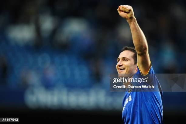 Frank Lampard of Chelsea celebrates following the Barclays Premier League match between Chelsea and Wigan Athletic at Stamford Bridge on February 28,...