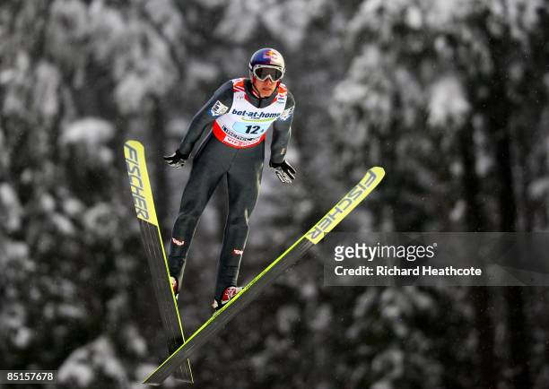 Gregor Schlierenzauer of Austria jumps during the Men's Team Ski Jumping HS134 event at FIS Nordic World Ski Championships on February 28, 2009 in...