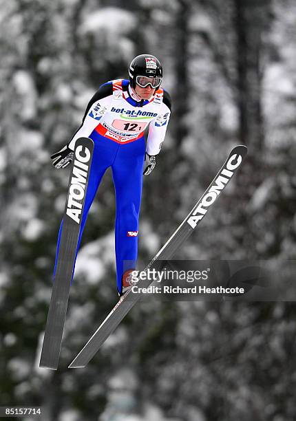Wolfgang Loitzl of Austria jumps during the Men's Team Ski Jumping HS134 event at FIS Nordic World Ski Championships on February 28, 2009 in Liberec,...