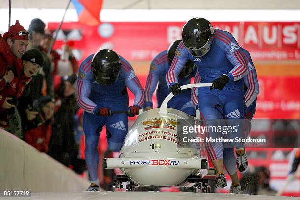 Russia 2, piloted by Dmitry Abramovitch, takes off from the start of the course during first run of the Bobsled competition during the FIBT Bobsled...