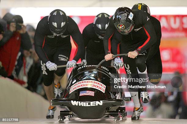 Piloted by John Napier, takes off from the start of the course during first run of the Bobsled competition during the FIBT Bobsled World...