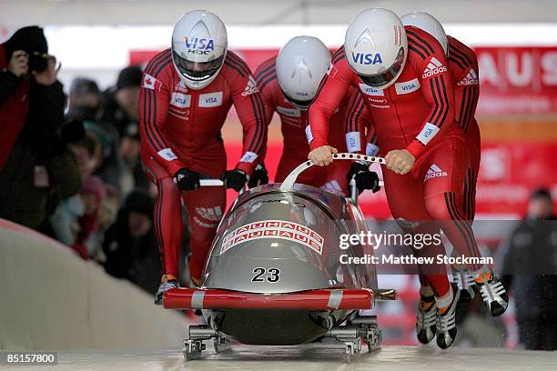Canada 2, piloted by Lyndon Rush, takes off from the start of the course during first run of the Bobsled competition during the FIBT Bobsled World...