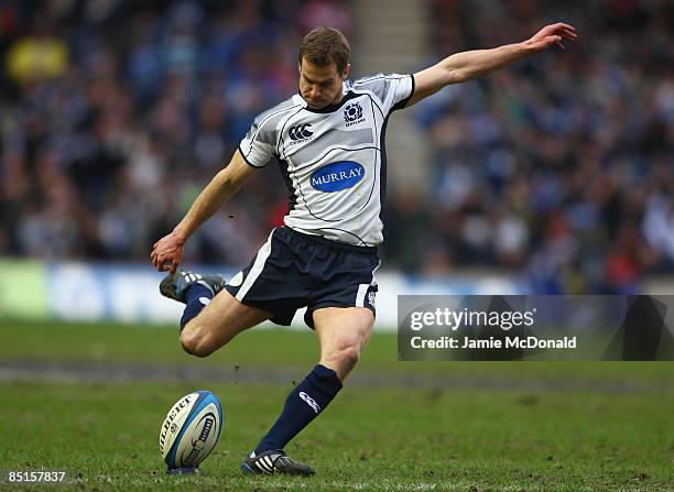 Chris Patterson of Scotland kicks a penalty during the RBS 6 Nations Championship match between Scotland and Italy at Murrayfield on February 28,...