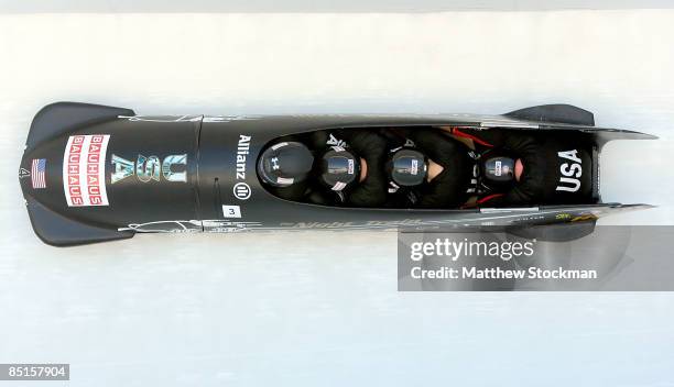 Piloted by Steven Holcomb, during the second run of the Bobsled competition during the FIBT Bobsled World Championships at the Olympic Complex...