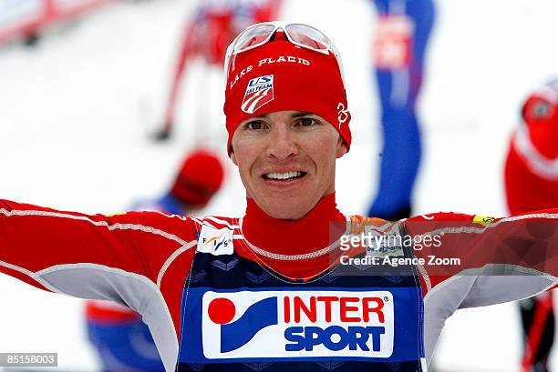 Bill Demong of USA takes 1st place during the FIS Nordic World Championships Gundersen LH HS134/10Km event on February 28, 2009 in Liberec, Czech...