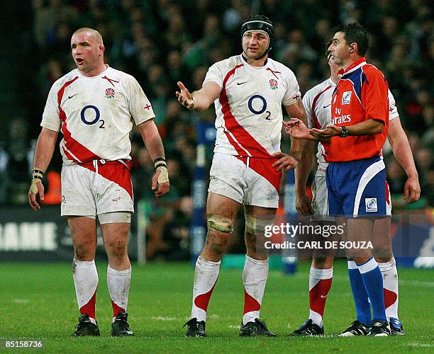 England's Captain and Lock, Steve Borthwick appeals to referee Craig Joubert as England's Prop, Phil Vickery looks on during their Six Nations Rugby...