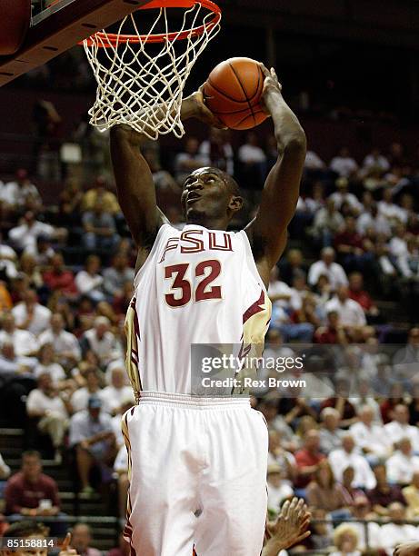 Solomon Alabi of the Florida State Seminoles gets up for this layup against the Clemson Tigers at the Leon County Civic Center on February 28, 2009...