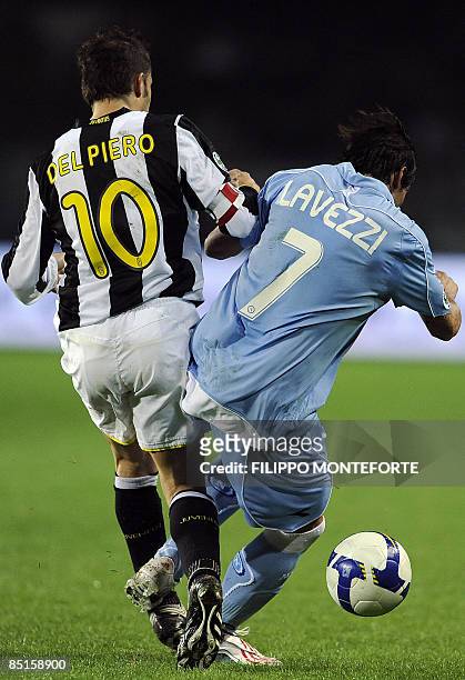 Juventus forward Alex Del Piero fights for the ball with Naples' foward Ezequiel Lavezzi of Argentina during their Serie A football match against at...