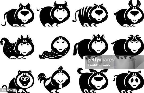 chinese zodiac animals silhouette - year of the pig stock illustrations