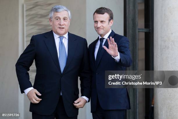 French President Emmanuel Macron welcomes President of the European Parliament Antonio Tajani at the Elysee Palace on September 22, 2017 in Paris,...