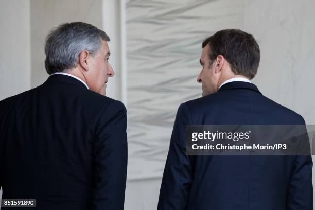French President Emmanuel Macron welcomes President of the European Parliament Antonio Tajani at the Elysee Palace on September 22, 2017 in Paris,...