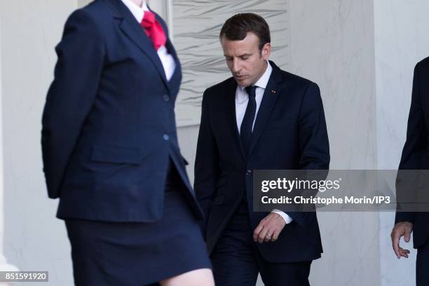 French President Emmanuel Macron welcomes President of the European Parliament Antonio Tajani at the Elysee Palace on September 22, 2017 in Paris,...