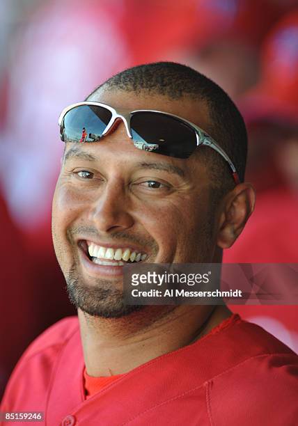 Outfielder Shane Victorino of the Philadelphia Phillies watches play from the dugout against the Tampa Bay Rays February 28, 2009 at Bright House...