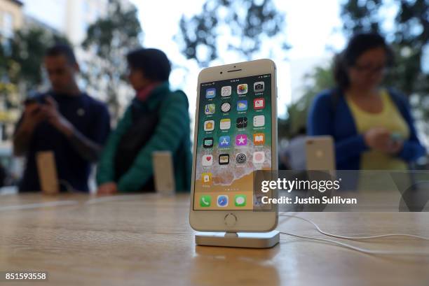 The new Apple iPhone 8 is displayed at an Apple Store on September 22, 2017 in San Francisco, California. The new Apple iPhone 8 and 8 Plus, as well...