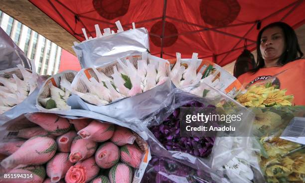 Flowers are seen during a demonstration organised by the Central of Brazil's Workers and the other trade union centrals with demonstrators carrying...