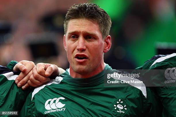 Ronan O'Gara of Ireland has tears on his face as the national anthem is played prior to the RBS Six Nations match between Ireland and England at...