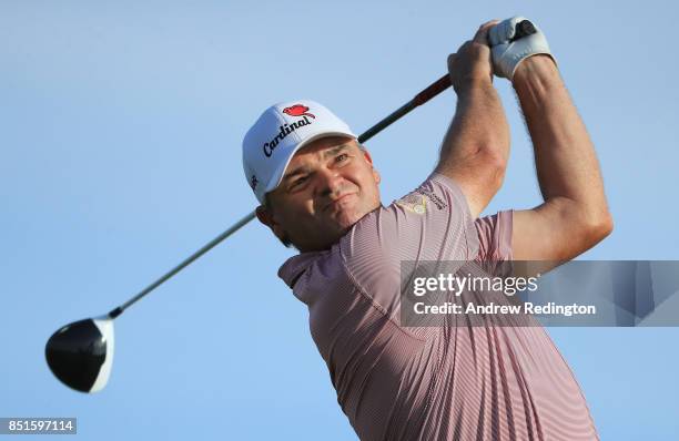 Paul Lawrie of Scotland tees off on the 18th hole during day two of the Portugal Masters at Dom Pedro Victoria Golf Club on September 22, 2017 in...