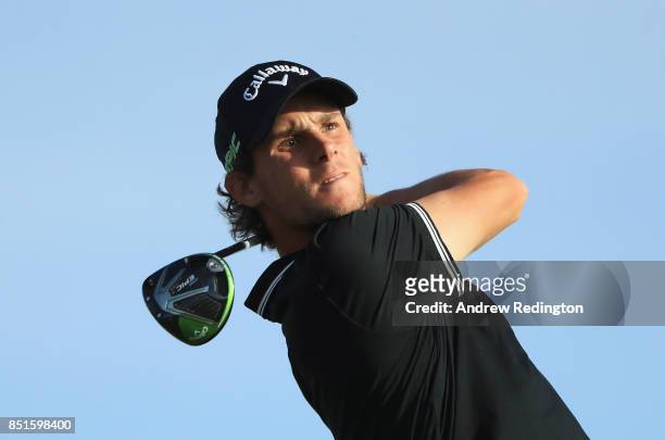 Thomas Pieters of Belgium tees off on the 18th hole during day two of the Portugal Masters at Dom Pedro Victoria Golf Club on September 22, 2017 in...