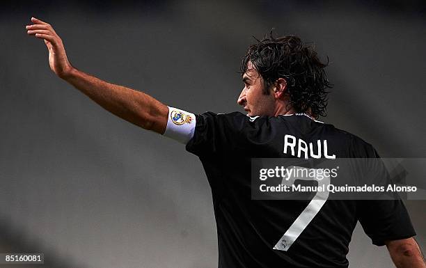 Raul Gonzalez of Real Madrid celebrates his goal during the La Liga match between Espanyol and Real Madrid at the Montjuic Olympic Stadium on...