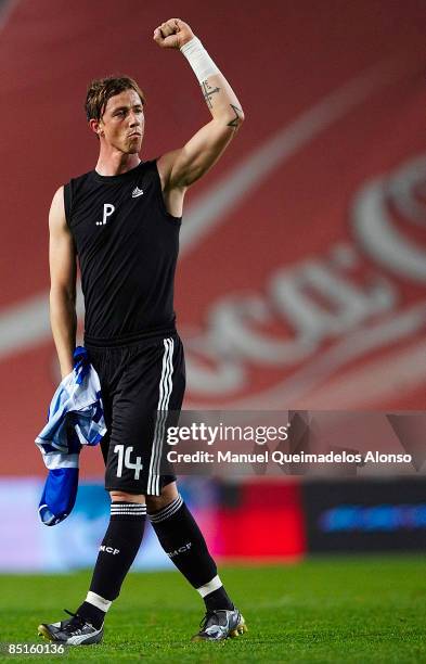 Guti of Real Madrid celebrates the victory during the La Liga match between Espanyol and Real Madrid at the Montjuic Olympic Stadium on February 28,...