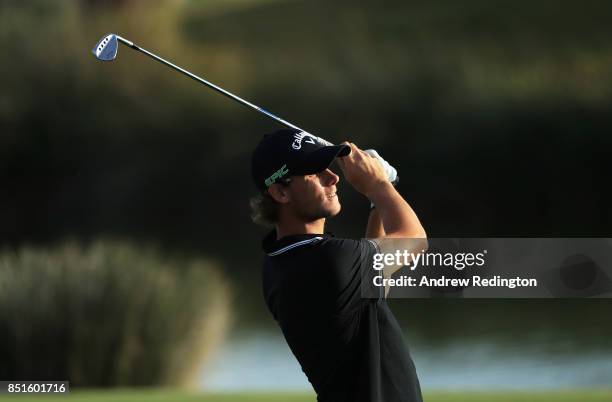 Thomas Pieters of Belgium plays his second shot on the 18th hole during day two of the Portugal Masters at Dom Pedro Victoria Golf Club on September...