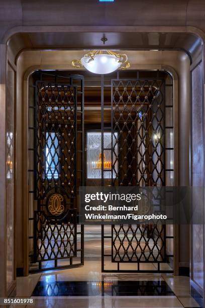 The Crillon Hotel is photographed for Madame Figaro on August 28, 2017 in Paris, France. Wrought iron gate at the entrance of the Brasserie d'Aumont....