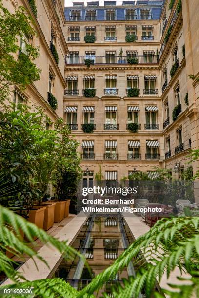The Gabriel courtyard at the Crillon Hotel is photographed for Madame Figaro on August 28, 2017 in Paris, France. The Gabriel courtyard, a skylight...