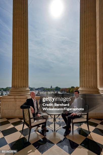 Designer Tristan Auer and the head of the Brasserie d'Aumont, Justin Schmitt are photographed on the terrace of the Crillon Hotel for Madame Figaro...