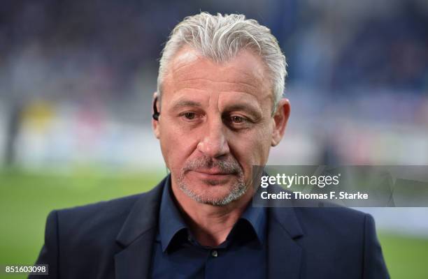 Head coach Pavel Dotchev of Rostock smiles prior to the 3. Liga match between SC Paderborn 07 and F.C. Hansa Rostock at Benteler Arena on September...