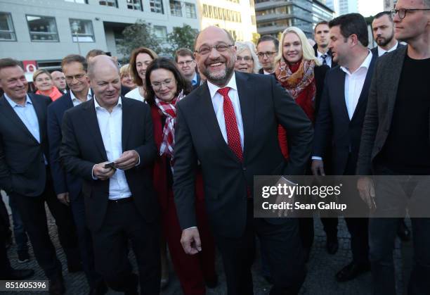 German Social Democrat and chancellor candidate Martin Schulz, flanked by leading SPD members Olaf Scholz , Andrea Nahles and Manuel Schwesig and...