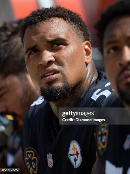 Center Maurkice Pouncey of the Pittsburgh Steelers watches the action from the sideline in the first quarter of a game on September 10, 2017 against...