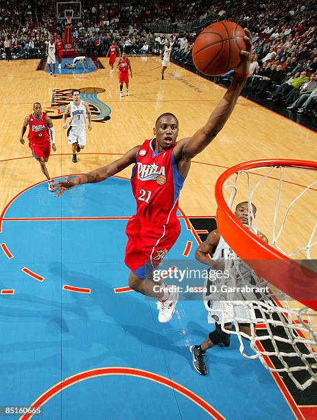 Thaddeus Young of the Philadelphia 76ers shoots against the Orlando Magic during the game on February 28, 2009 at the Wachovia Center in...