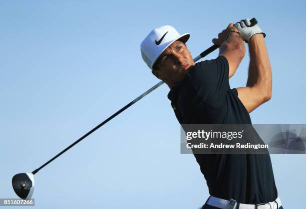 Thorbjorn Olesen of Denmark tees off on the 18th hole during day two of the Portugal Masters at Dom Pedro Victoria Golf Club on September 22, 2017 in...