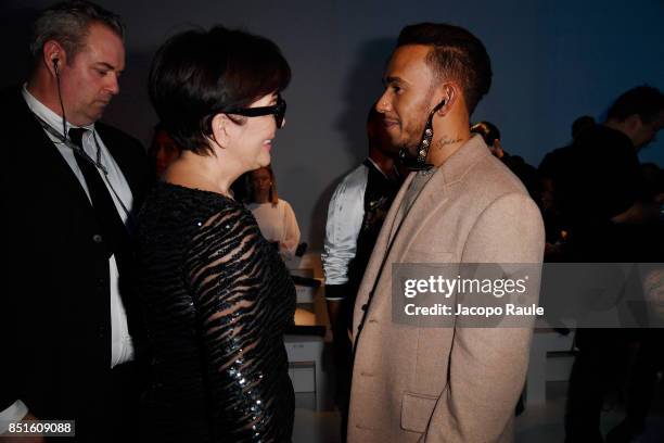 Kris Jenner and Lewis Hamilton attends the Versace show during Milan Fashion Week Spring/Summer 2018 on September 22, 2017 in Milan, Italy.